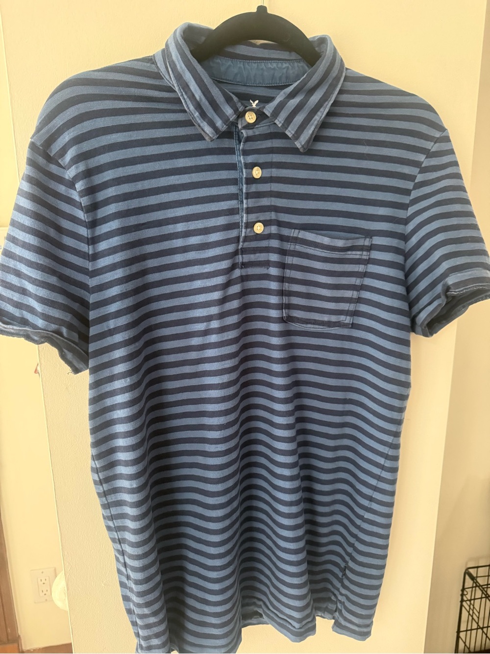 American Eagle Outfitters Navy and Light Blue Striped Polo